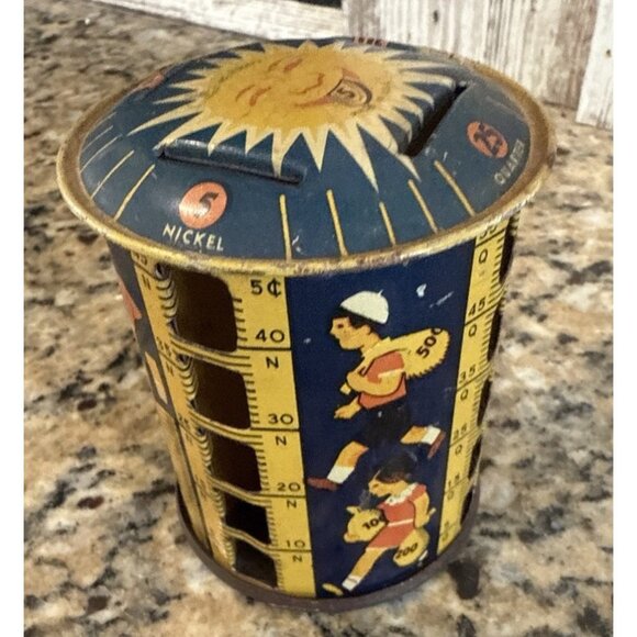 1930's Tin Coin Bank with Images of Children with Money  Made In USA - Picture 1 of 7